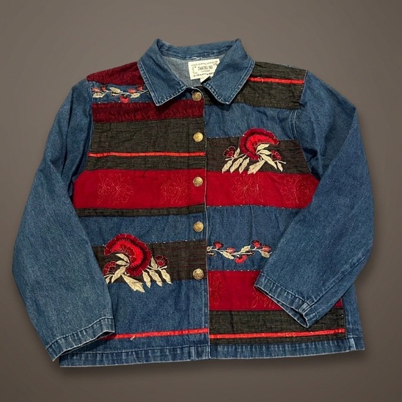 Tantrums Jackets & Blazers - Vintage Tantrums Denim Jacket Women Large Floral Embroidered Patchwork Boho 90s